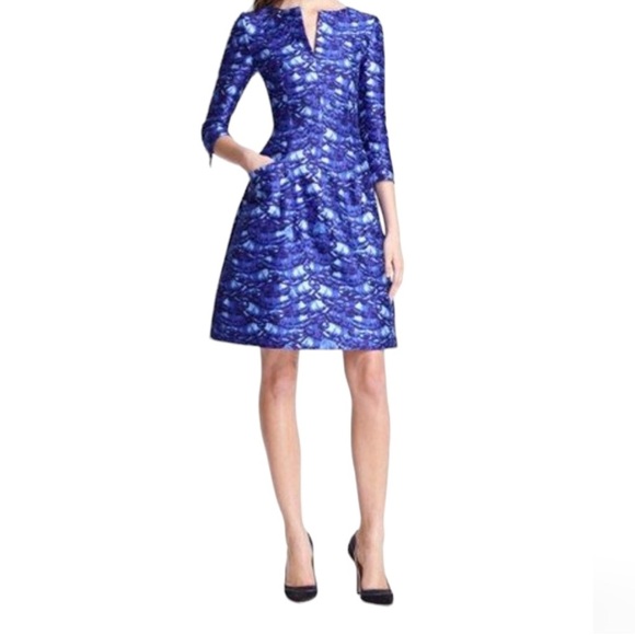 Oscar de la Renta Feathered Silk A-Line Dress - Royal Blue - Size 6 - Picture 3 of 14